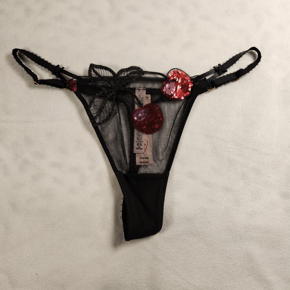 Victoria's Secret Very Sexy Black Red Sequin Cherry High-Leg G-String Thong - M